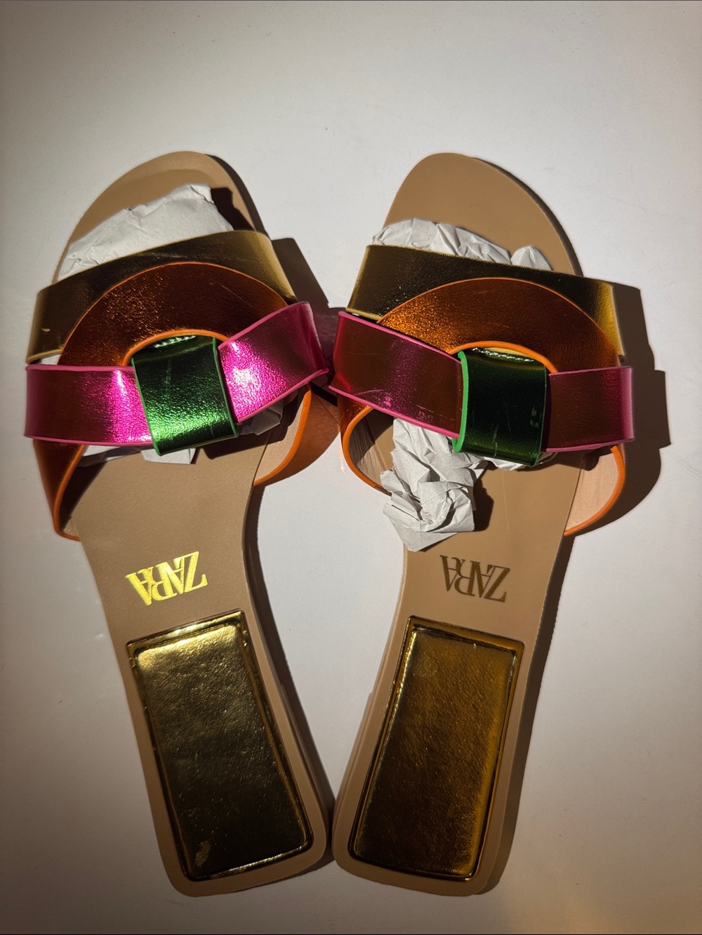 Zara Metallic Multicolor Slide Sandals with Gold Accents